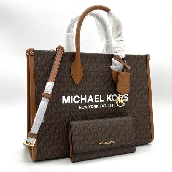 Michael Kors Mirella Medium EW Tote Bag & Trifold Wallet Brown - Picture 3 of 11